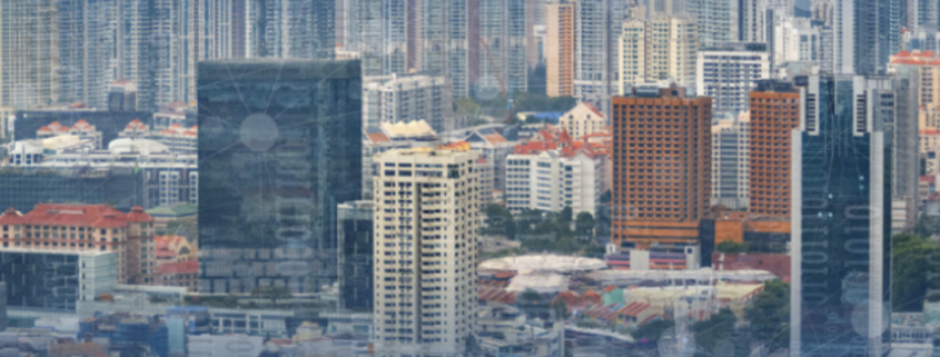 City skyline with digital cloud icons overlaying buildings, representing the integration of cloud infrastructure services in urban environments for seamless connectivity, data security, and digital transformation